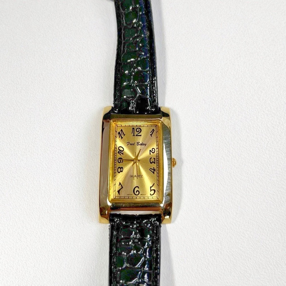 Fred Belay Vintage Gold Tone Rectangular Quartz Watch Black Strap